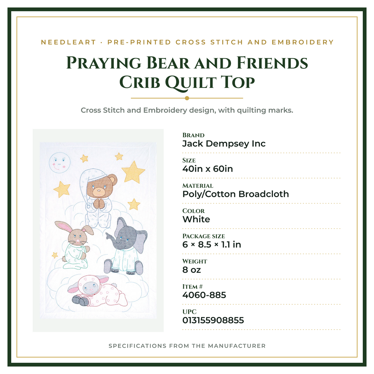 Product Specifications – Praying Bear and Friends Crib Quilt Top