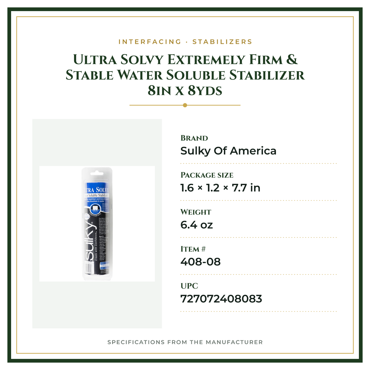 Product Specifications – Ultra Solvy Extremely Firm & Stable Water Soluble Stabilizer 8in x 8yds