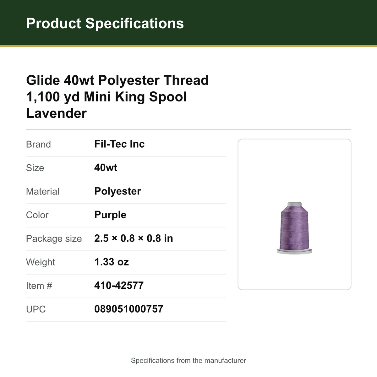 Product Specifications – Glide 40wt Polyester Thread 1,100 yd Mini King Spool Lavender