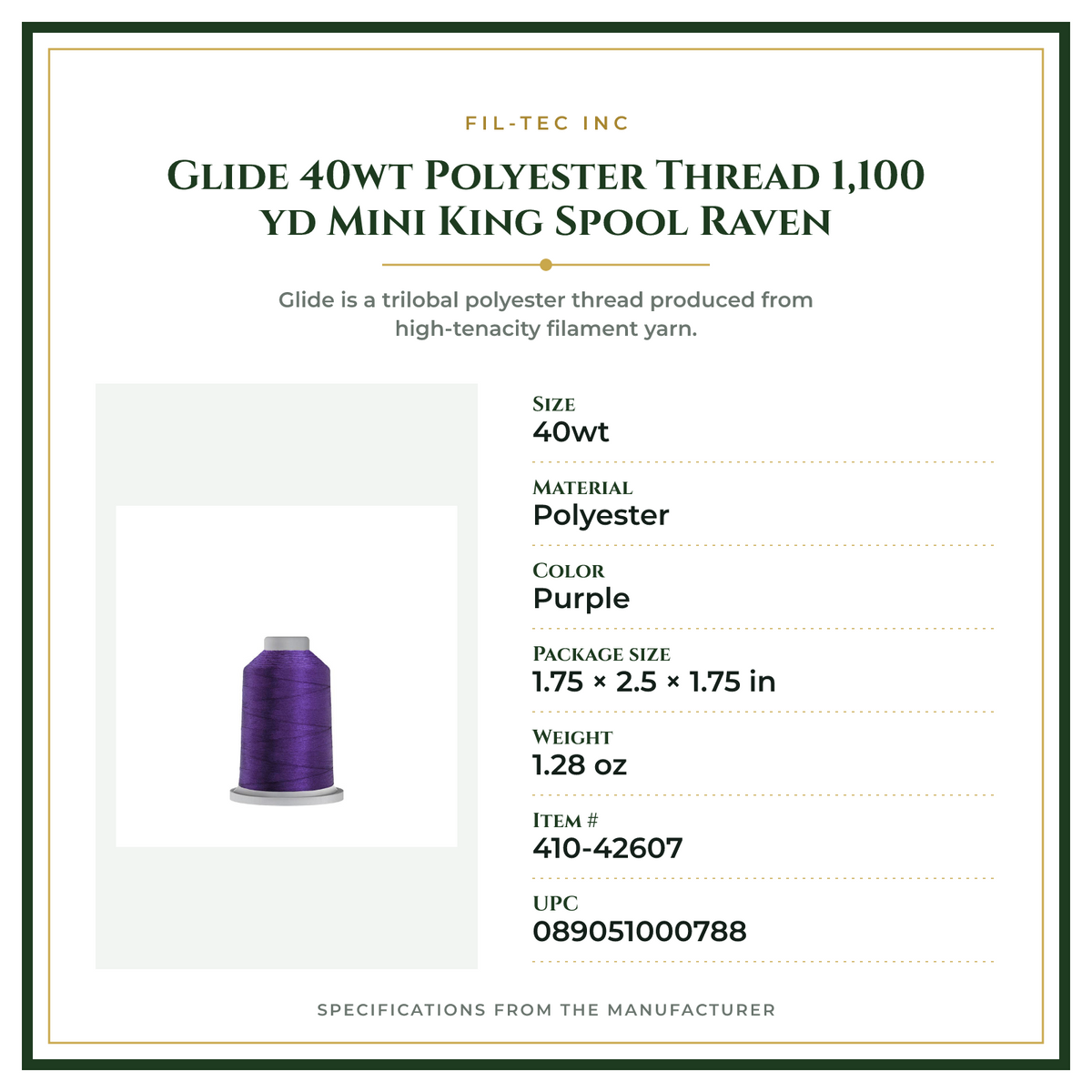 Product Specifications – Glide 40wt Polyester Thread 1,100 yd Mini King Spool Raven