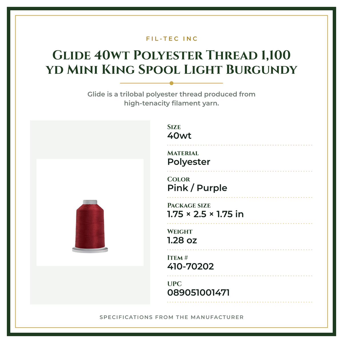 Product Specifications – Glide 40wt Polyester Thread 1,100 yd Mini King Spool Light Burgundy