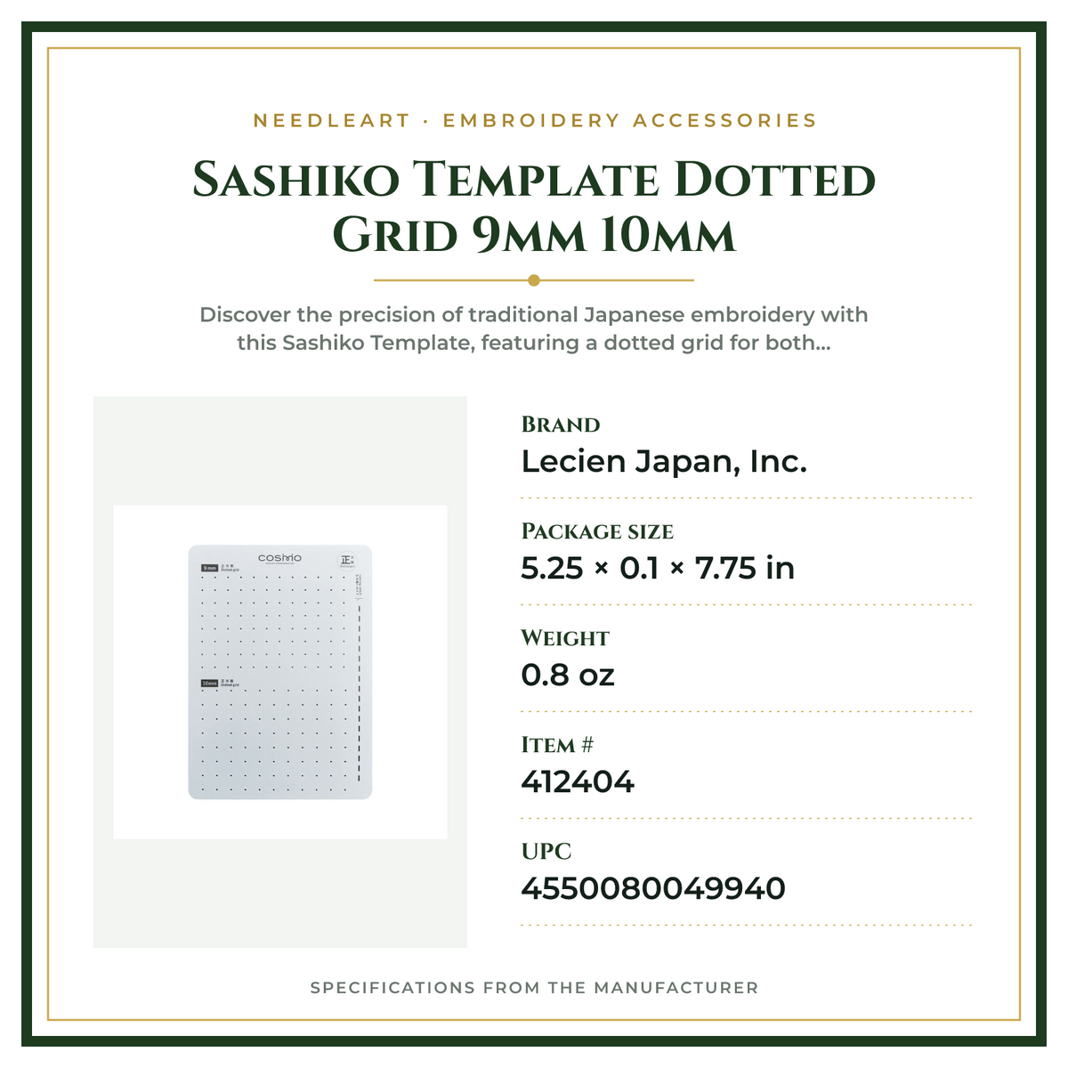 Product Specifications – Sashiko Template Dotted Grid 9mm 10mm