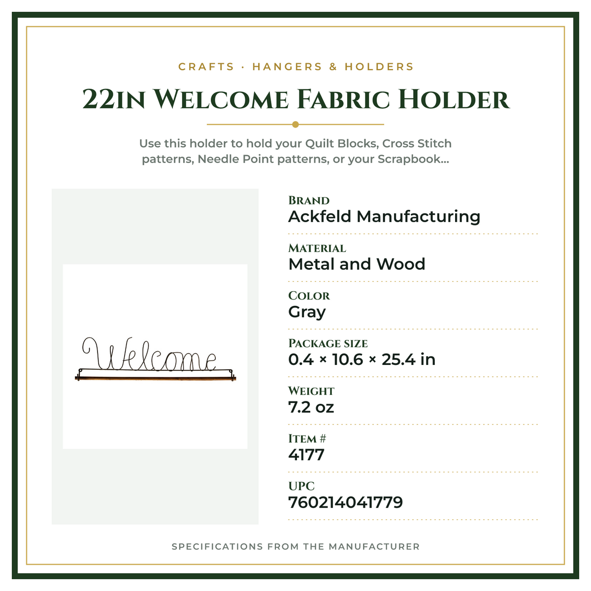 Product Specifications – 22in Welcome Fabric Holder