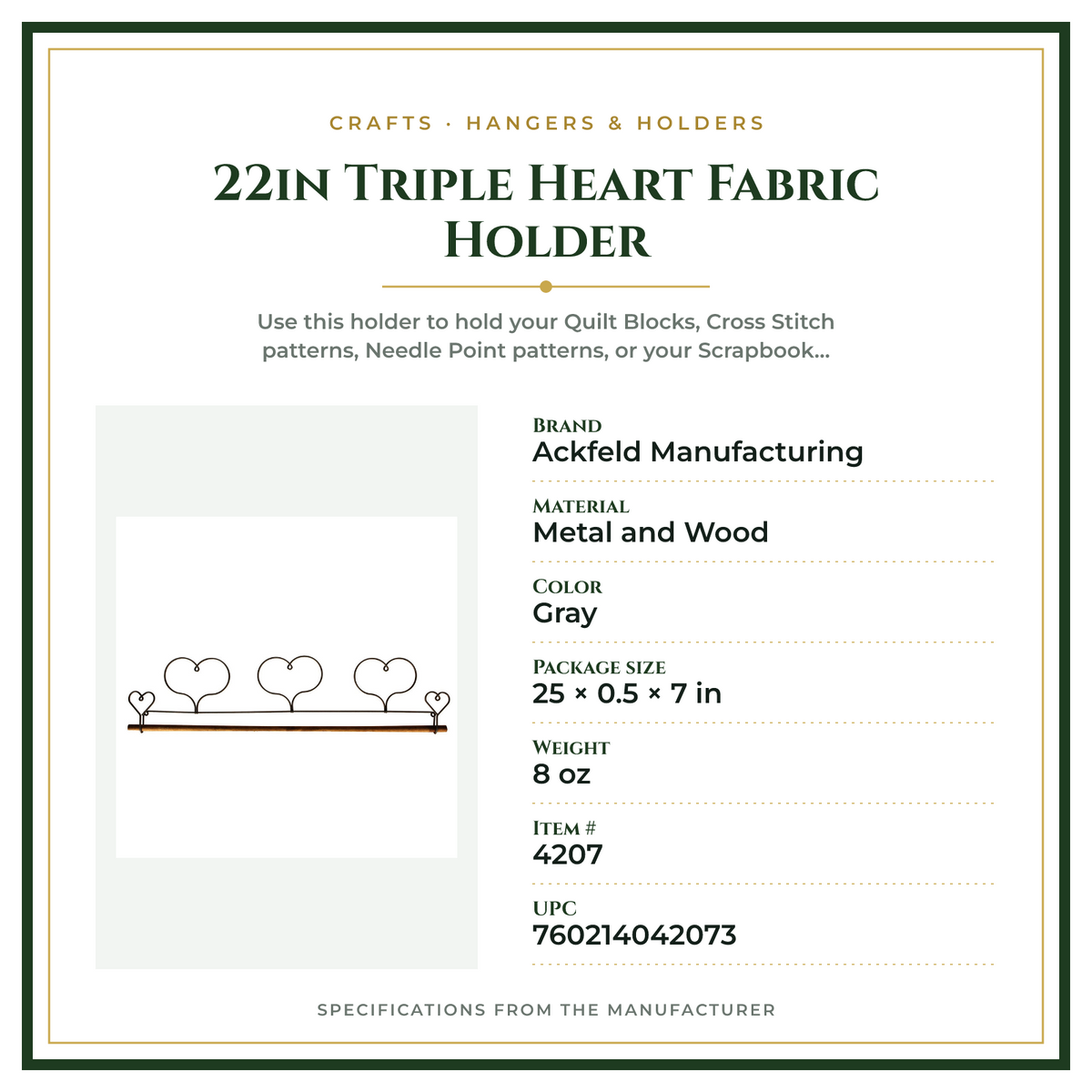 Product Specifications – 22in Triple Heart Fabric Holder