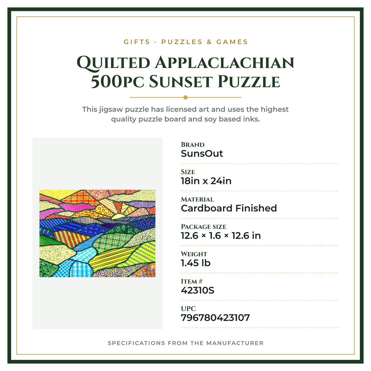 Product Specifications – Quilted Applaclachian 500pc Sunset Puzzle