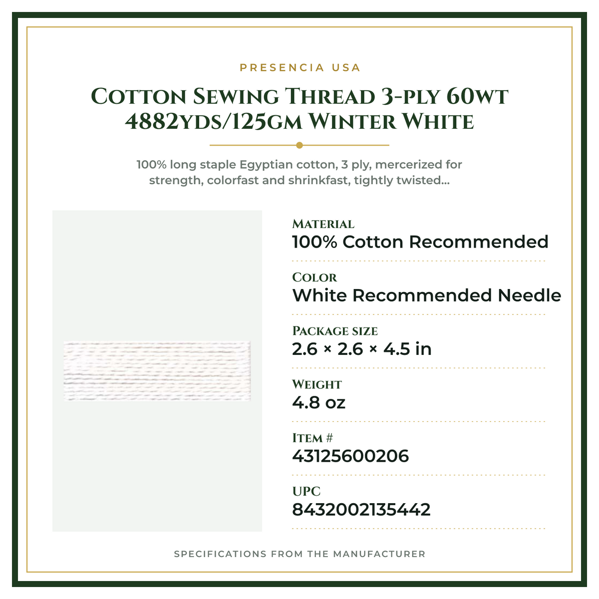 Product Specifications – Cotton Sewing Thread 3-ply 60wt 4882yds/125gm Winter White