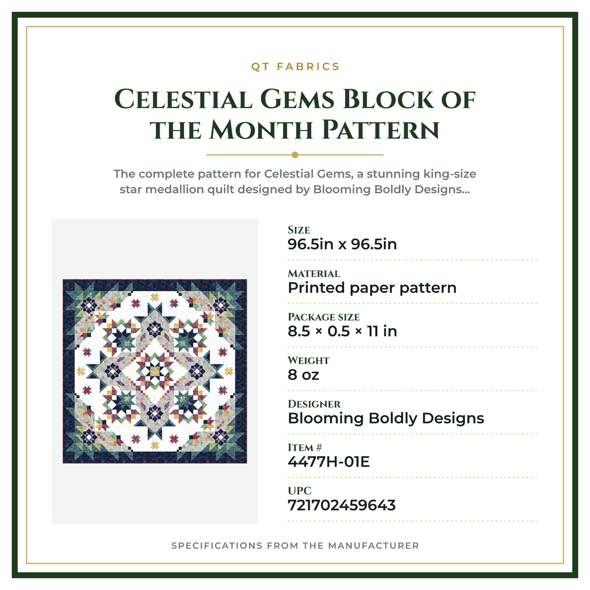 Product Specifications – Celestial Gems Block of the Month Pattern