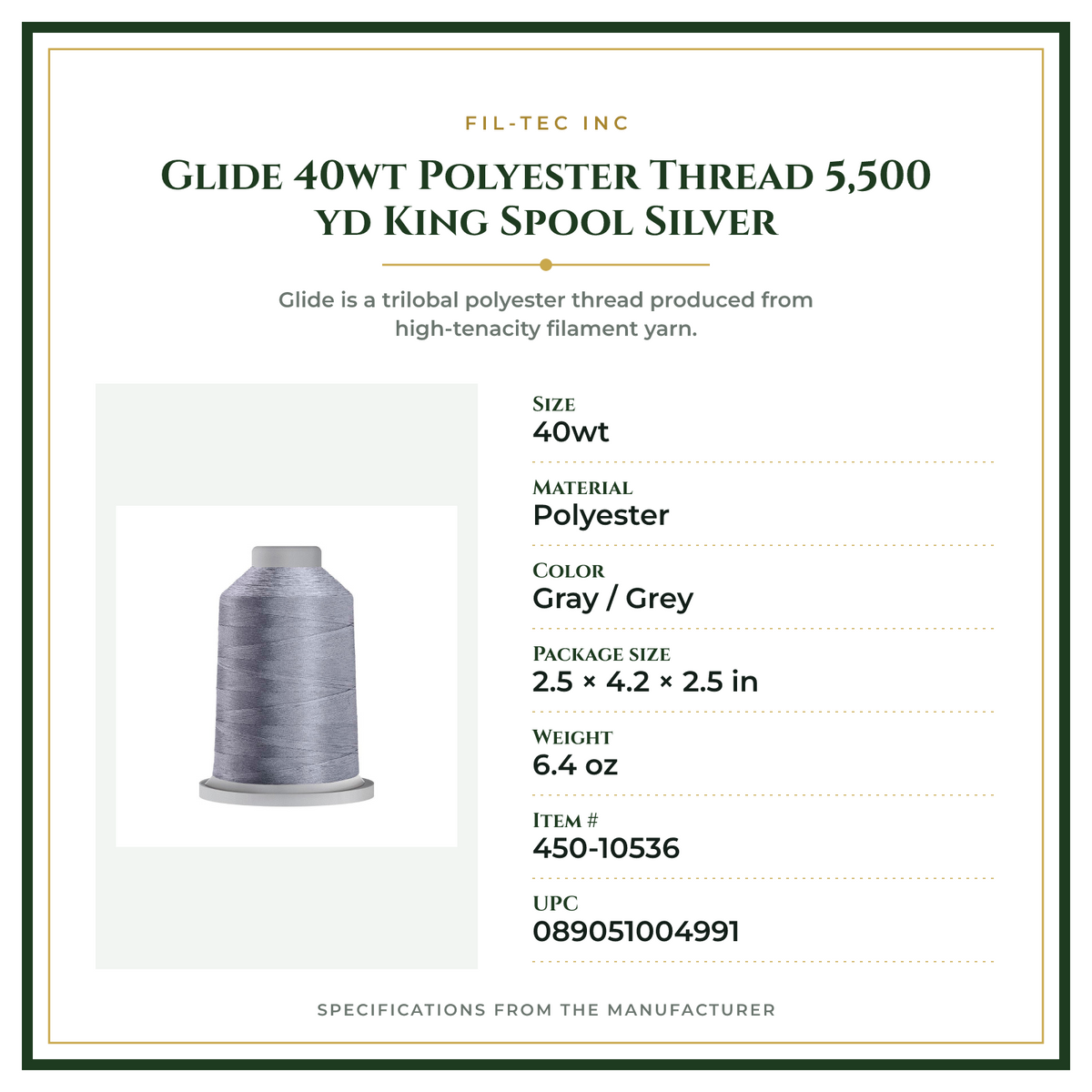 Product Specifications – Glide 40wt Polyester Thread 5,500 yd King Spool Silver