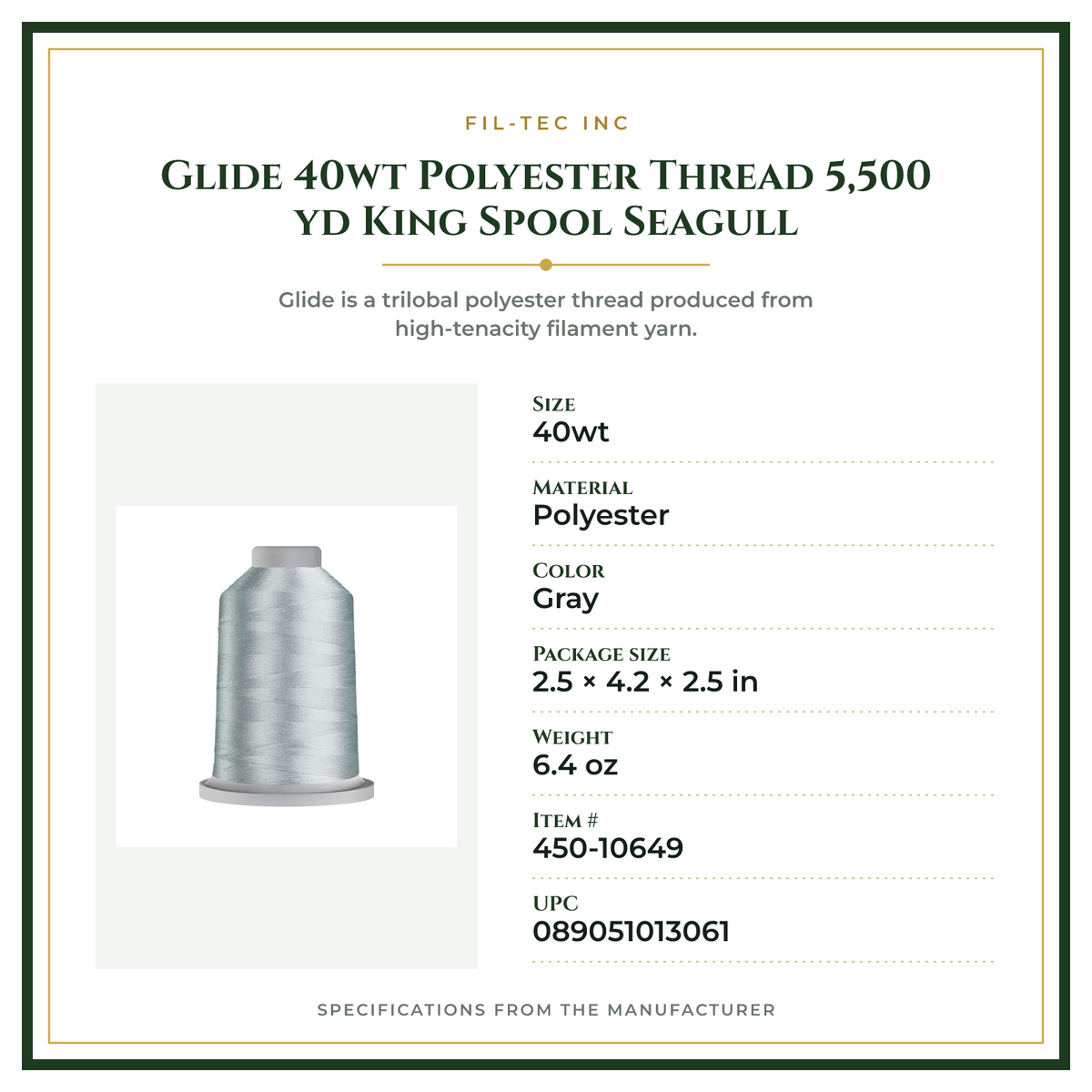 Product Specifications – Glide 40wt Polyester Thread 5,500 yd King Spool Seagull