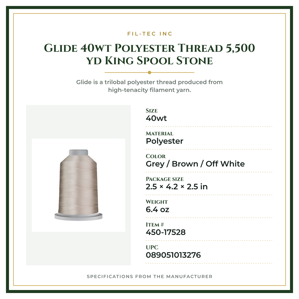 Product Specifications – Glide 40wt Polyester Thread 5,500 yd King Spool Stone