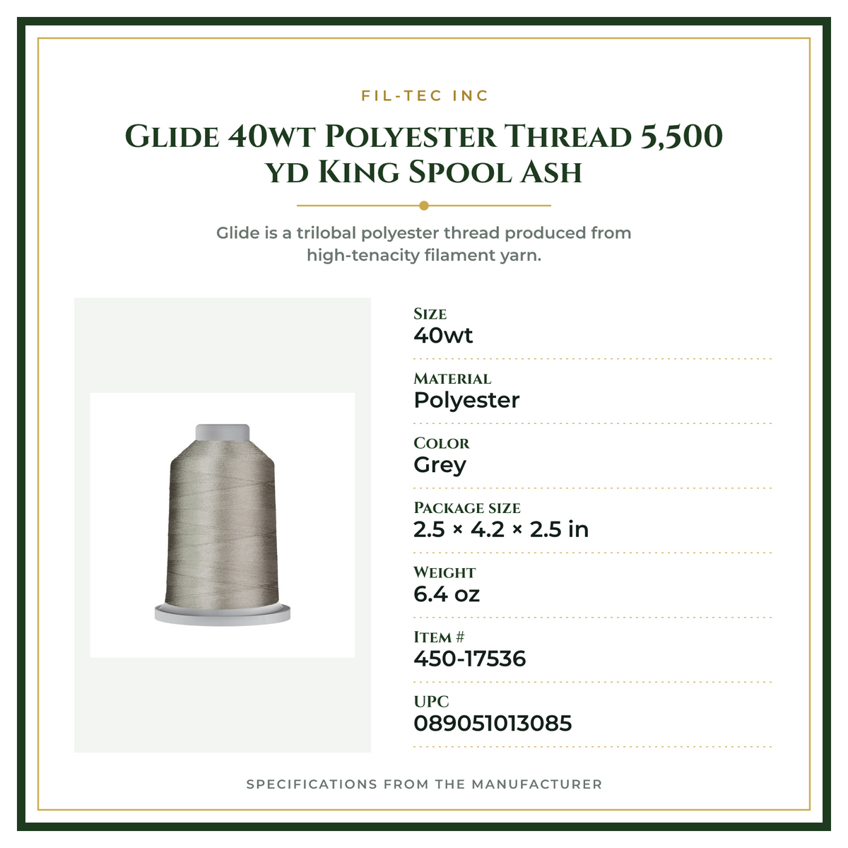 Product Specifications – Glide 40wt Polyester Thread 5,500 yd King Spool Ash