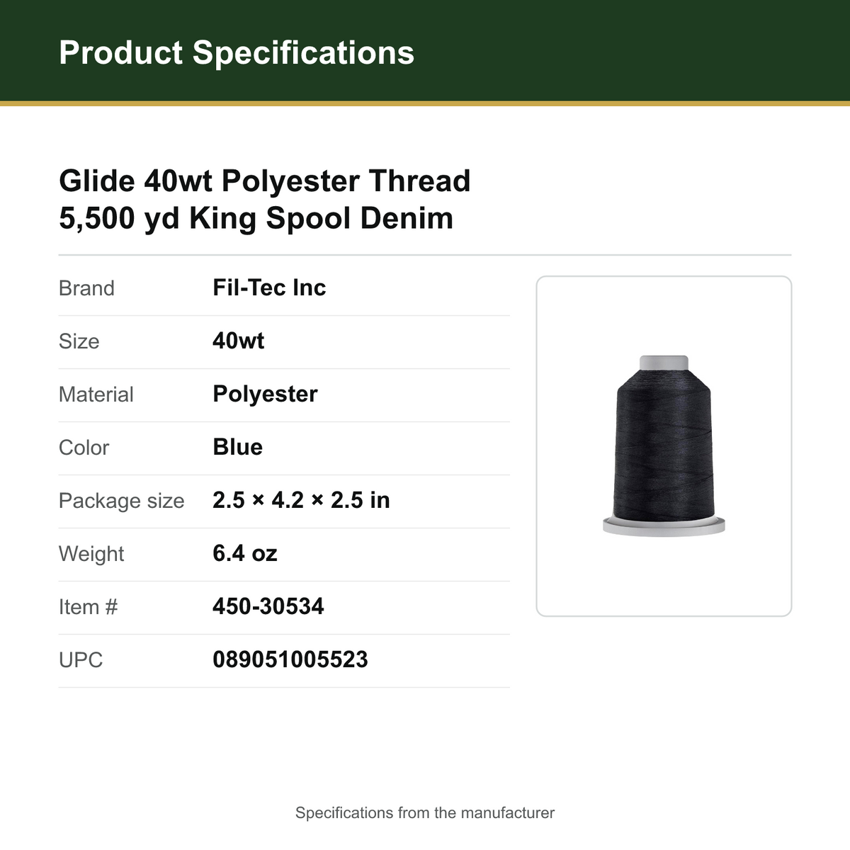 Product Specifications – Glide 40wt Polyester Thread 5,500 yd King Spool Denim