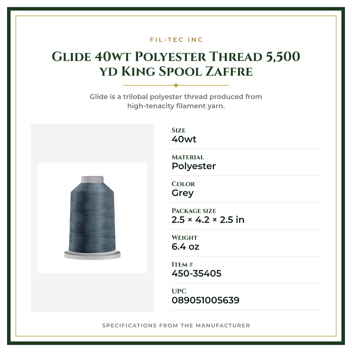 Product Specifications – Glide 40wt Polyester Thread 5,500 yd King Spool Zaffre