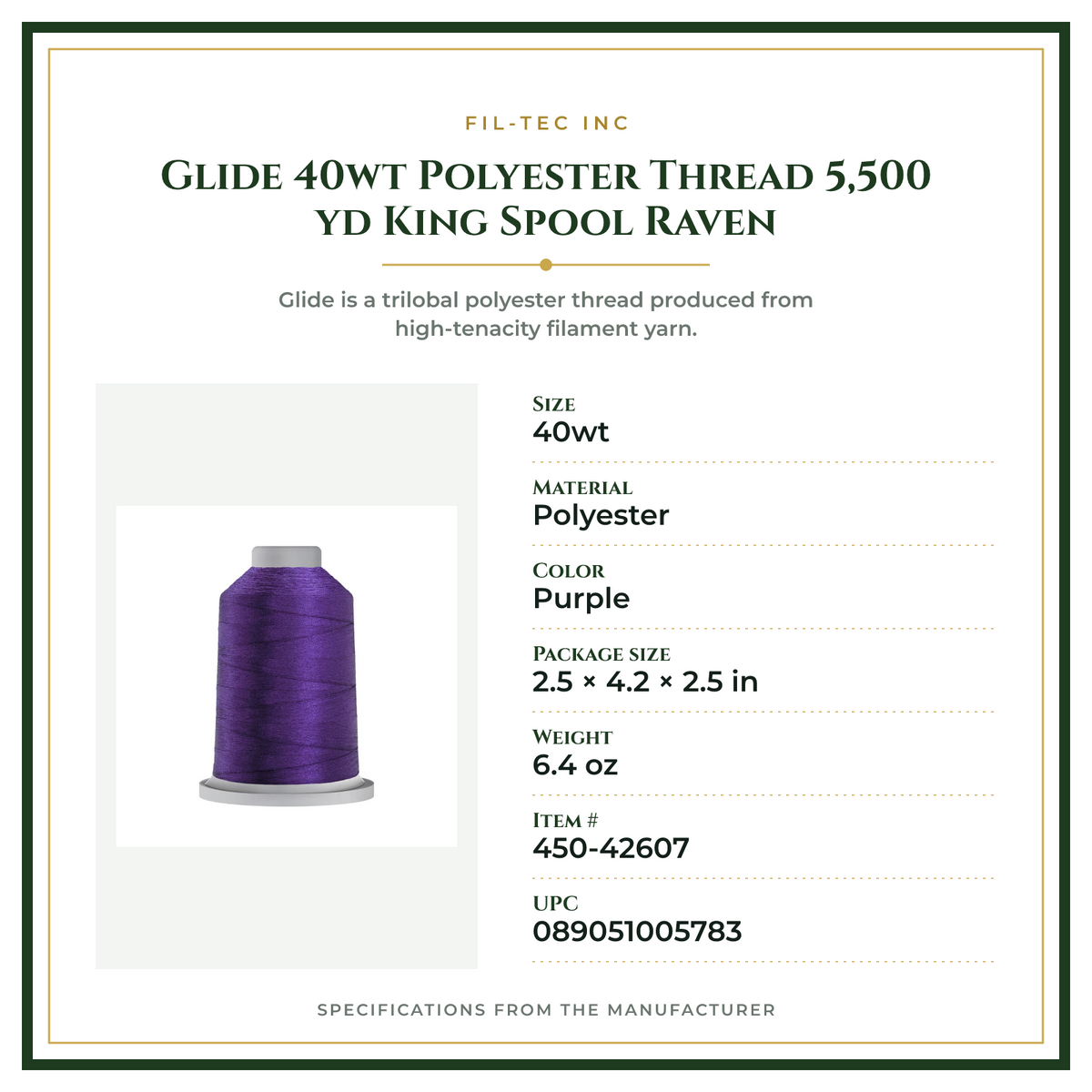 Product Specifications – Glide 40wt Polyester Thread 5,500 yd King Spool Raven