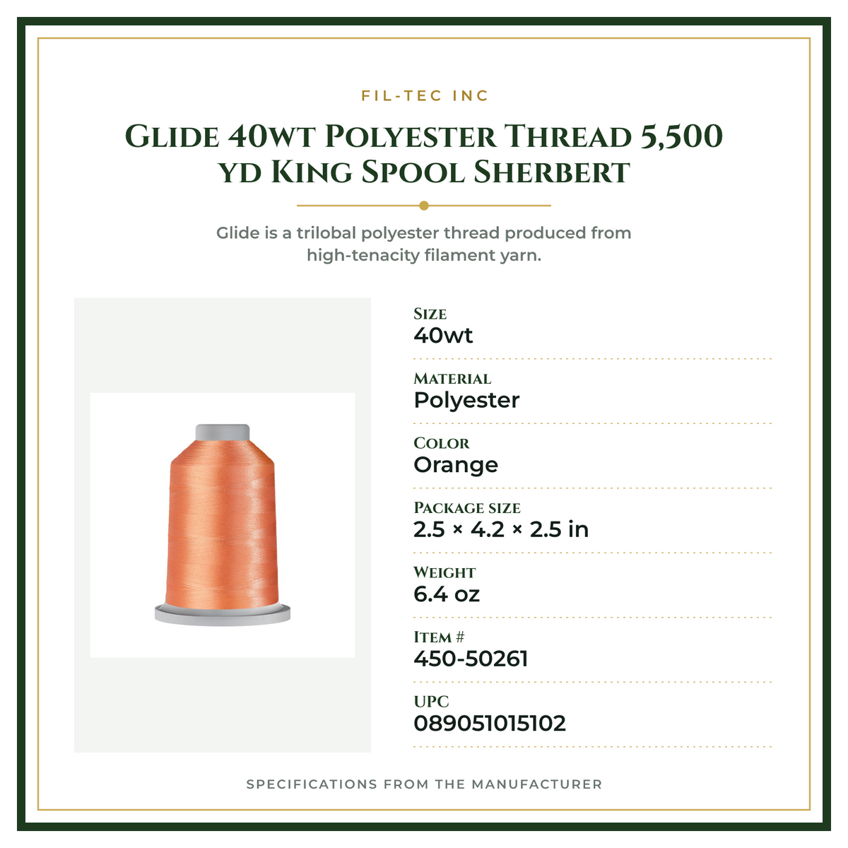 Product Specifications – Glide 40wt Polyester Thread 5,500 yd King Spool Sherbert