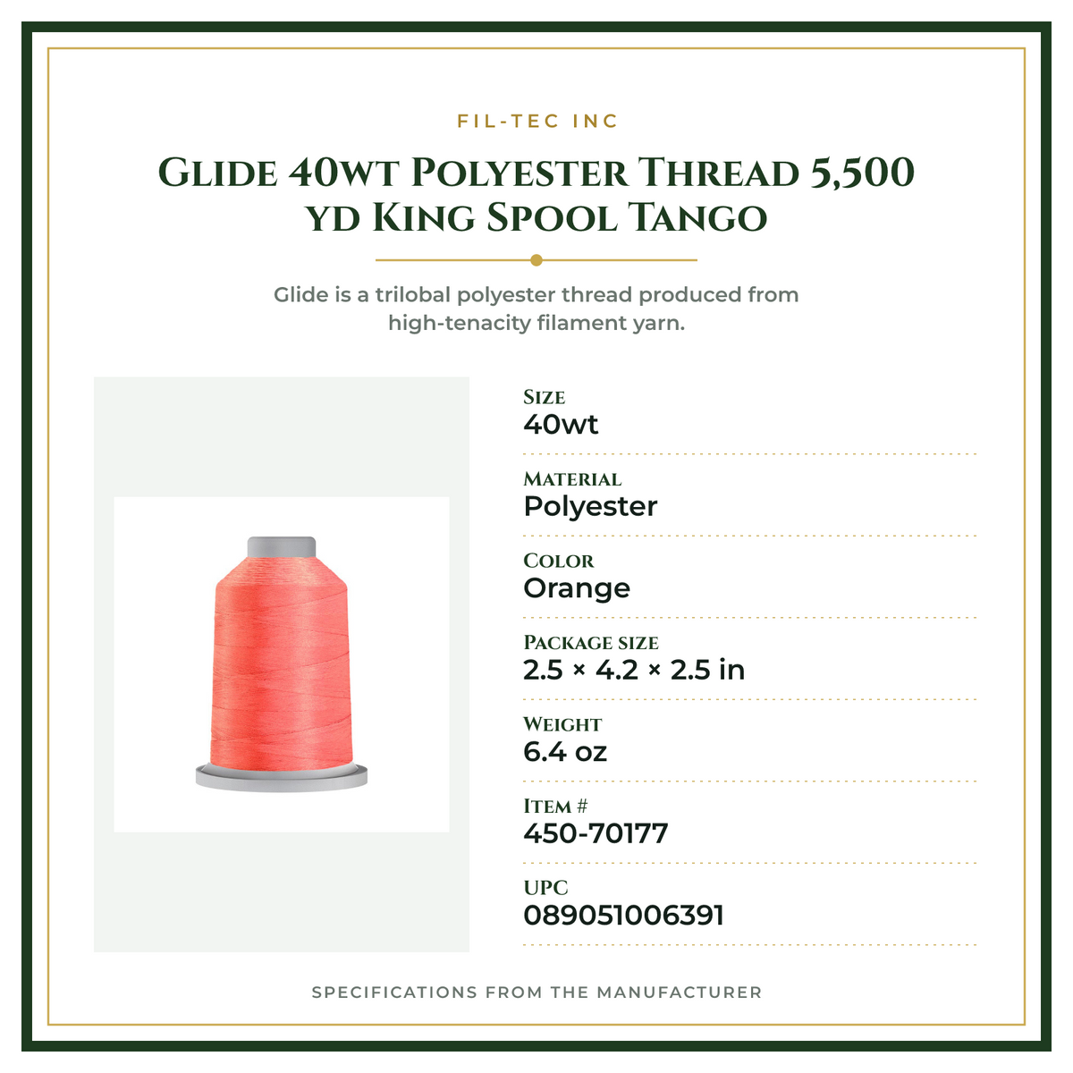 Product Specifications – Glide 40wt Polyester Thread 5,500 yd King Spool Tango