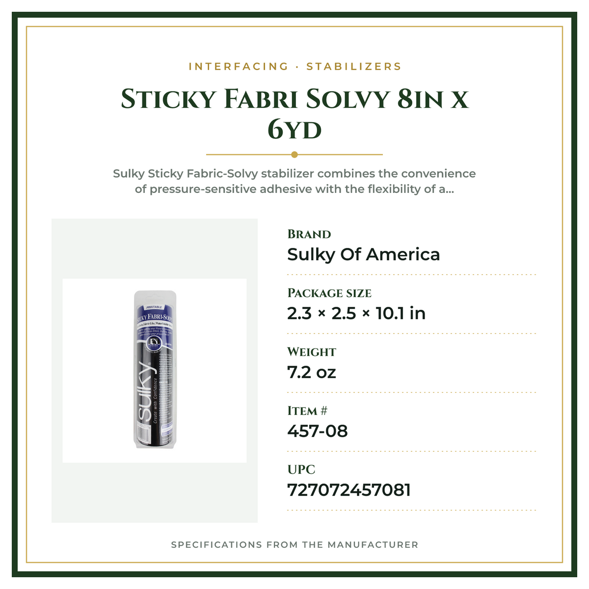 Product Specifications – Sticky Fabri Solvy 8in x 6yd