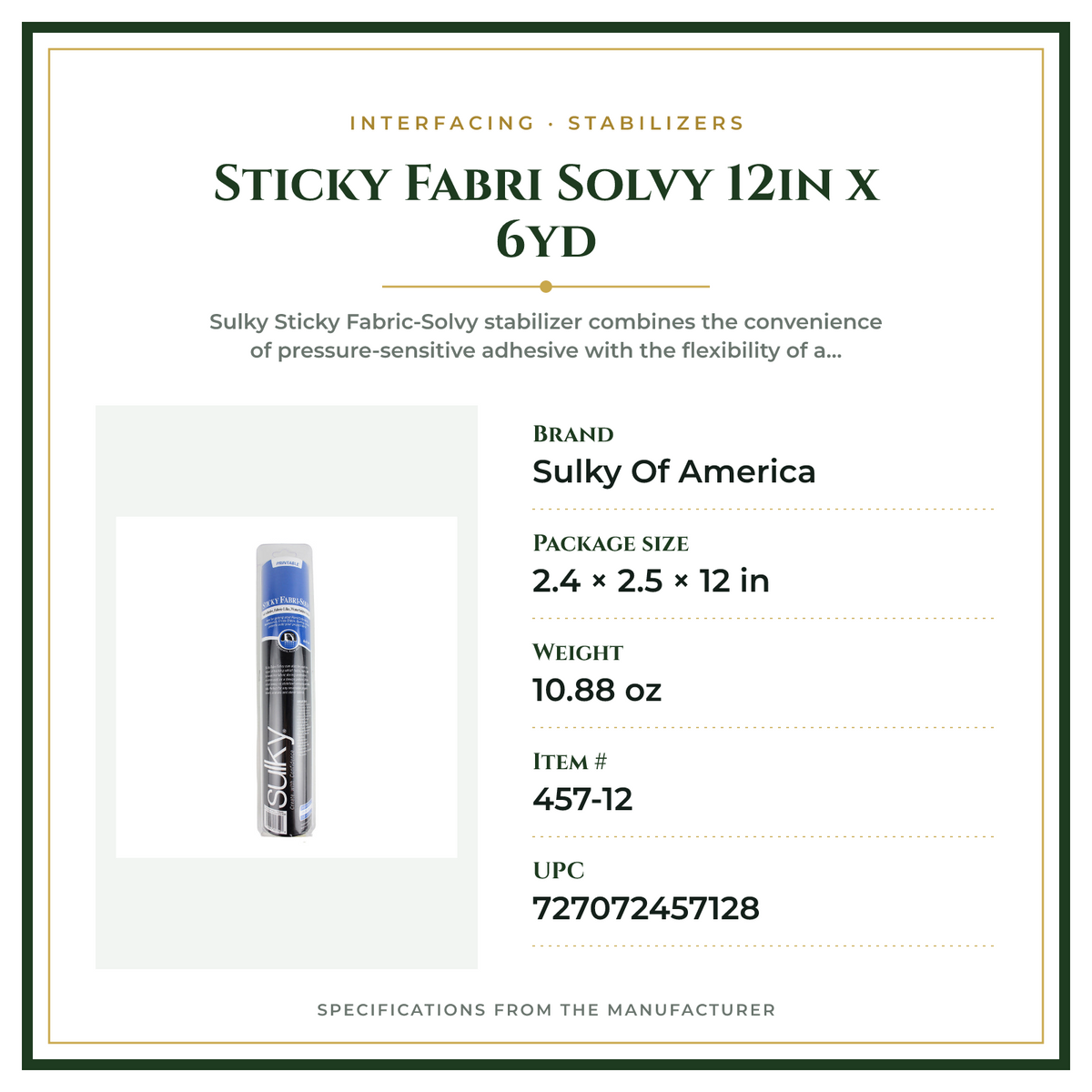 Product Specifications – Sticky Fabri Solvy 12in x 6yd