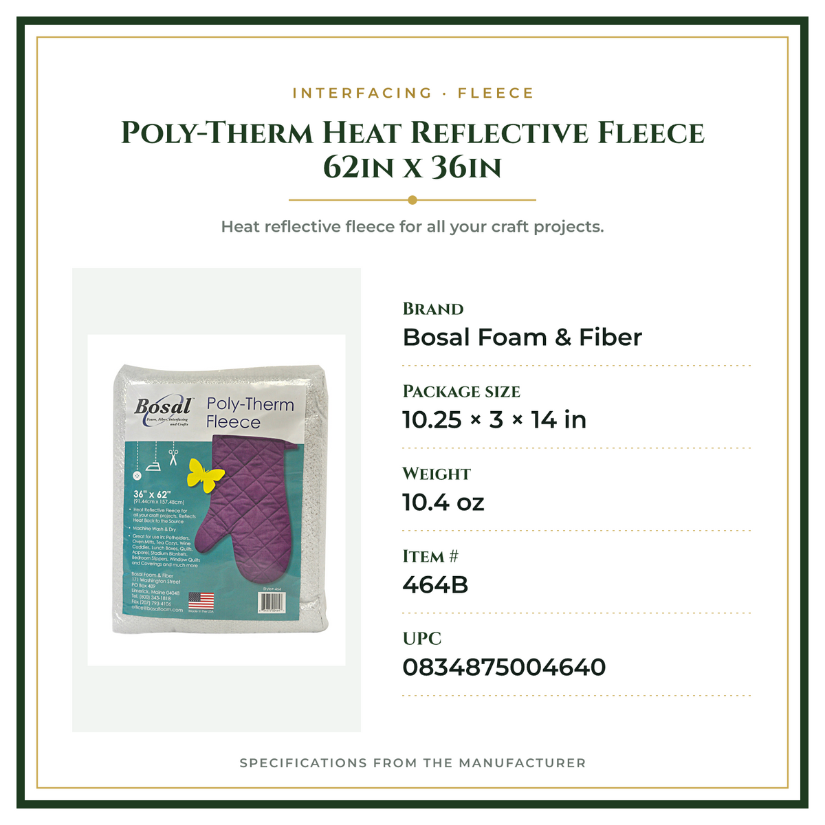Product Specifications – Poly-Therm Heat Reflective Fleece 62in x 36in