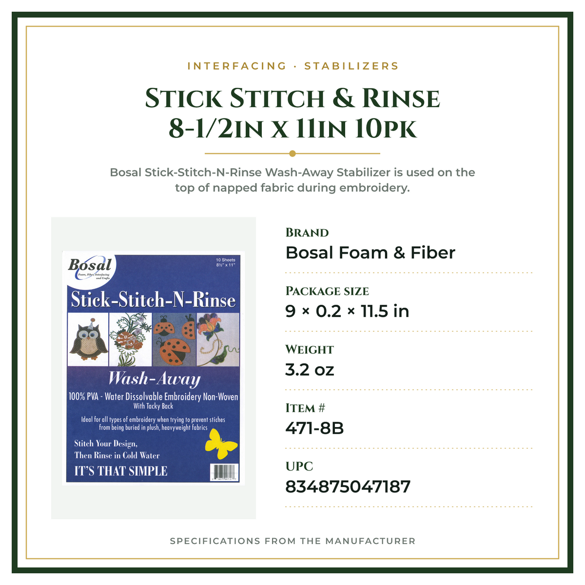 Product Specifications – Stick Stitch & Rinse 8-1/2in x 11in 10pk
