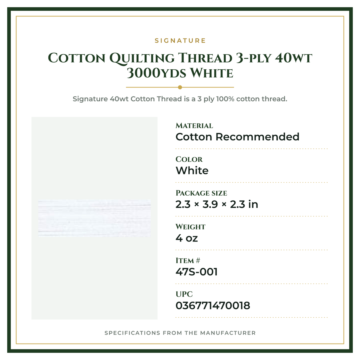 Product Specifications – Cotton Quilting Thread 3-ply 40wt 3000yds White