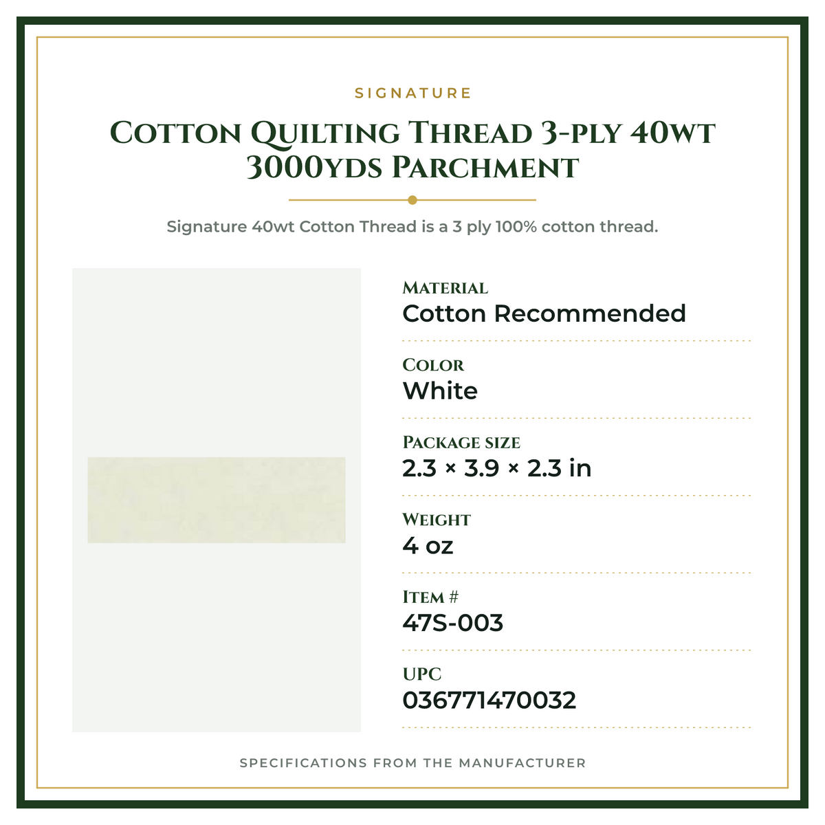 Product Specifications – Cotton Quilting Thread 3-ply 40wt 3000yds Parchment