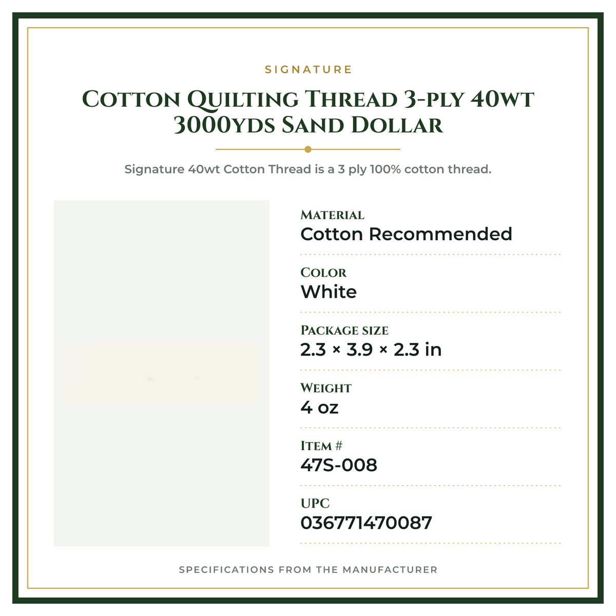 Product Specifications – Cotton Quilting Thread 3-ply 40wt 3000yds Sand Dollar