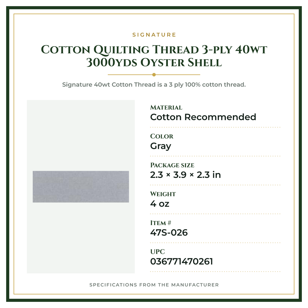 Product Specifications – Cotton Quilting Thread 3-ply 40wt 3000yds Oyster Shell