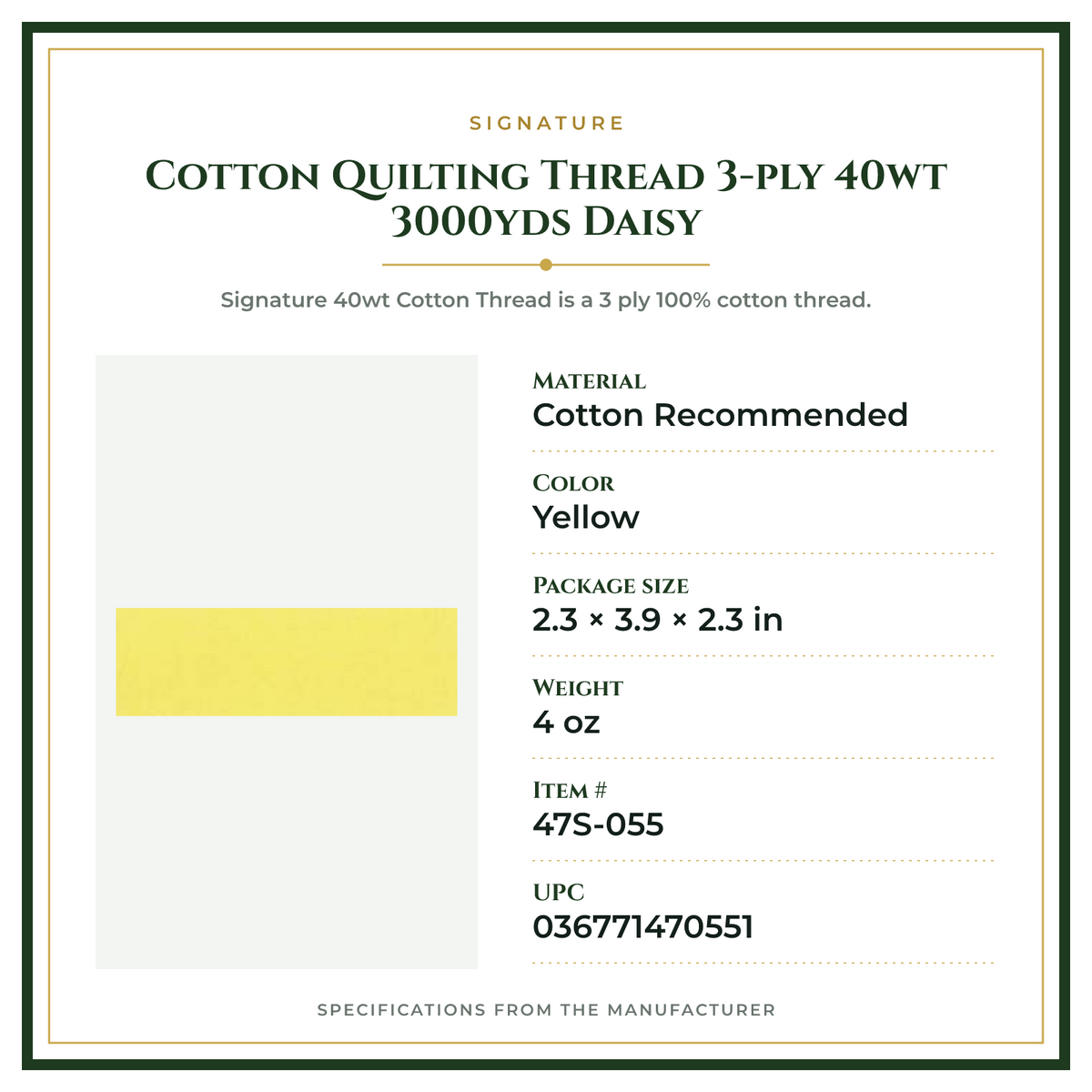 Product Specifications – Cotton Quilting Thread 3-ply 40wt 3000yds Daisy