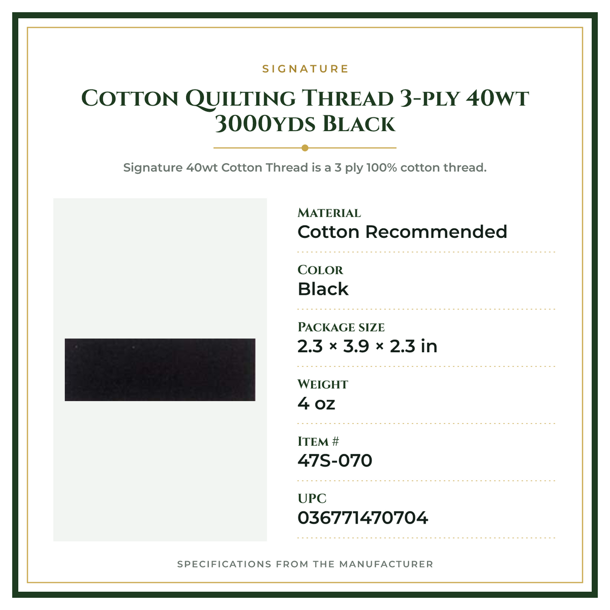 Product Specifications – Cotton Quilting Thread 3-ply 40wt 3000yds Black