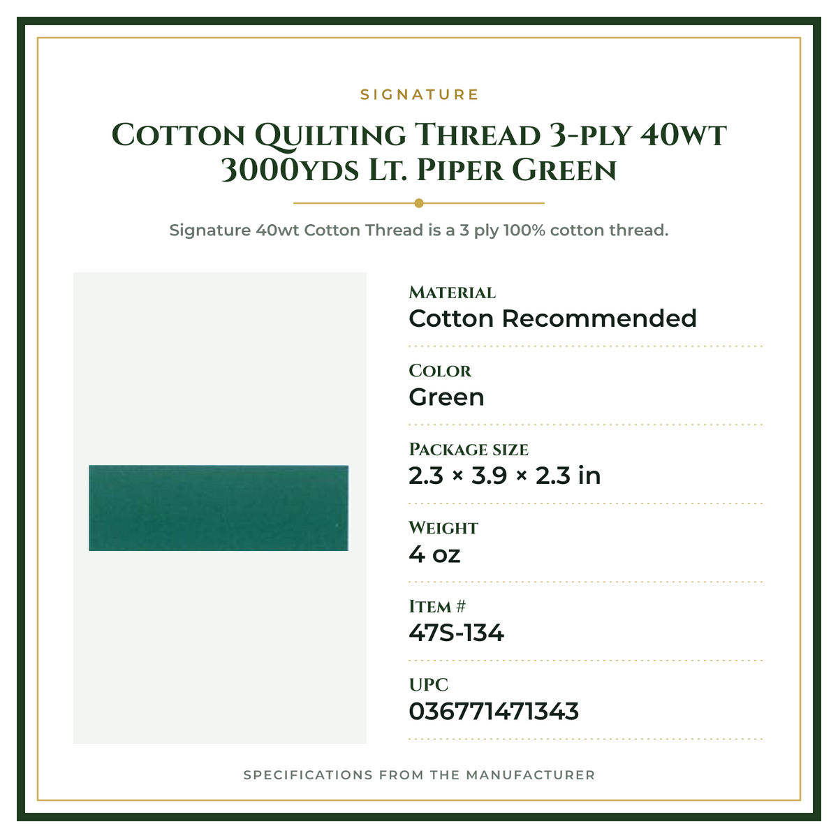 Product Specifications – Cotton Quilting Thread 3-ply 40wt 3000yds Lt. Piper Green