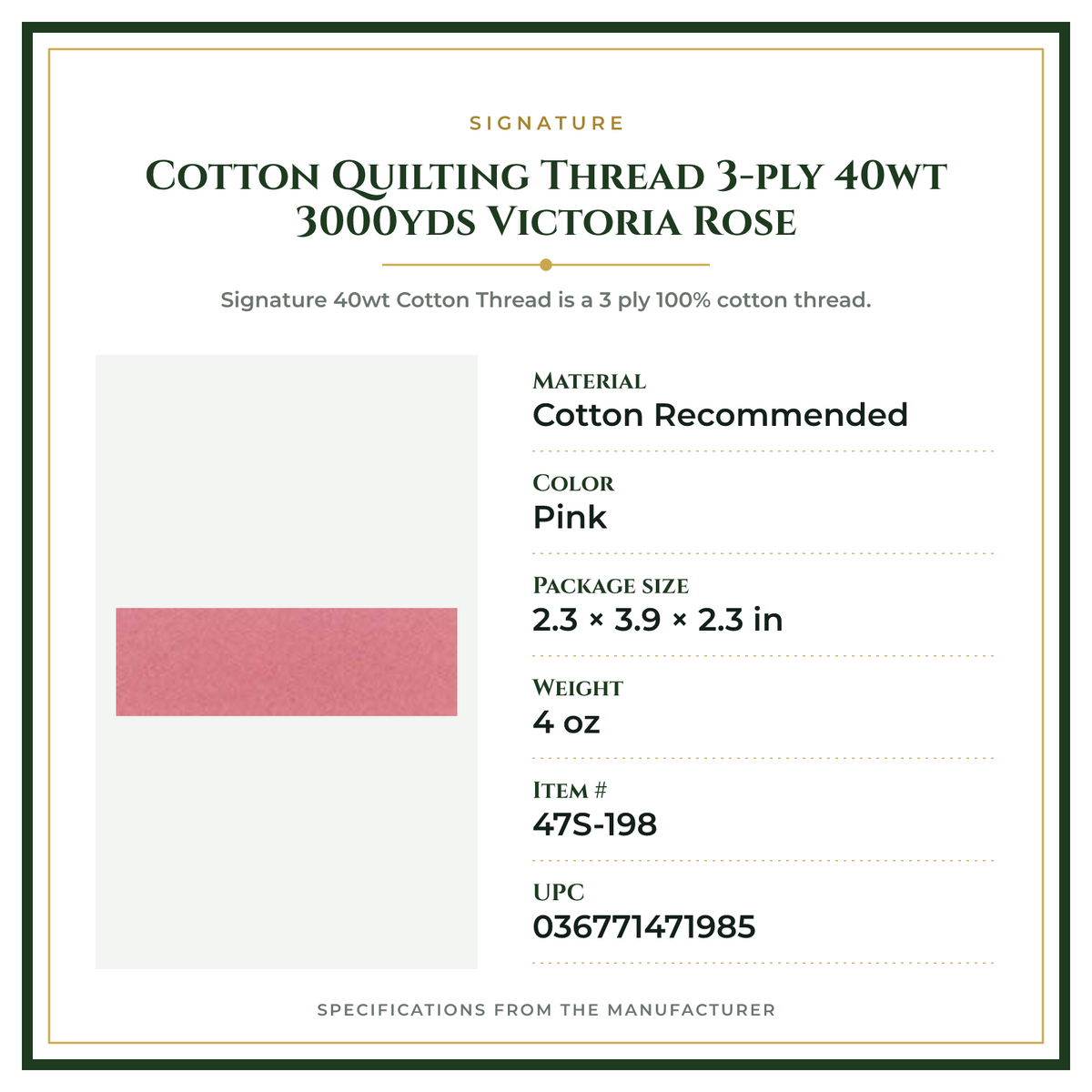 Product Specifications – Cotton Quilting Thread 3-ply 40wt 3000yds Victoria Rose