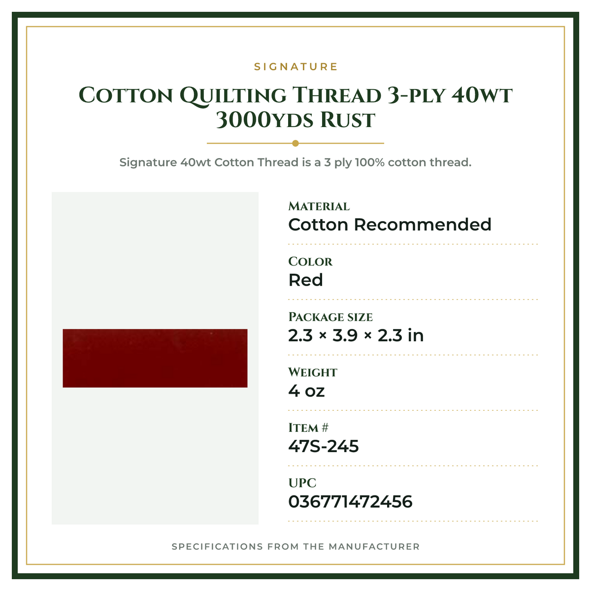 Product Specifications – Cotton Quilting Thread 3-ply 40wt 3000yds Rust