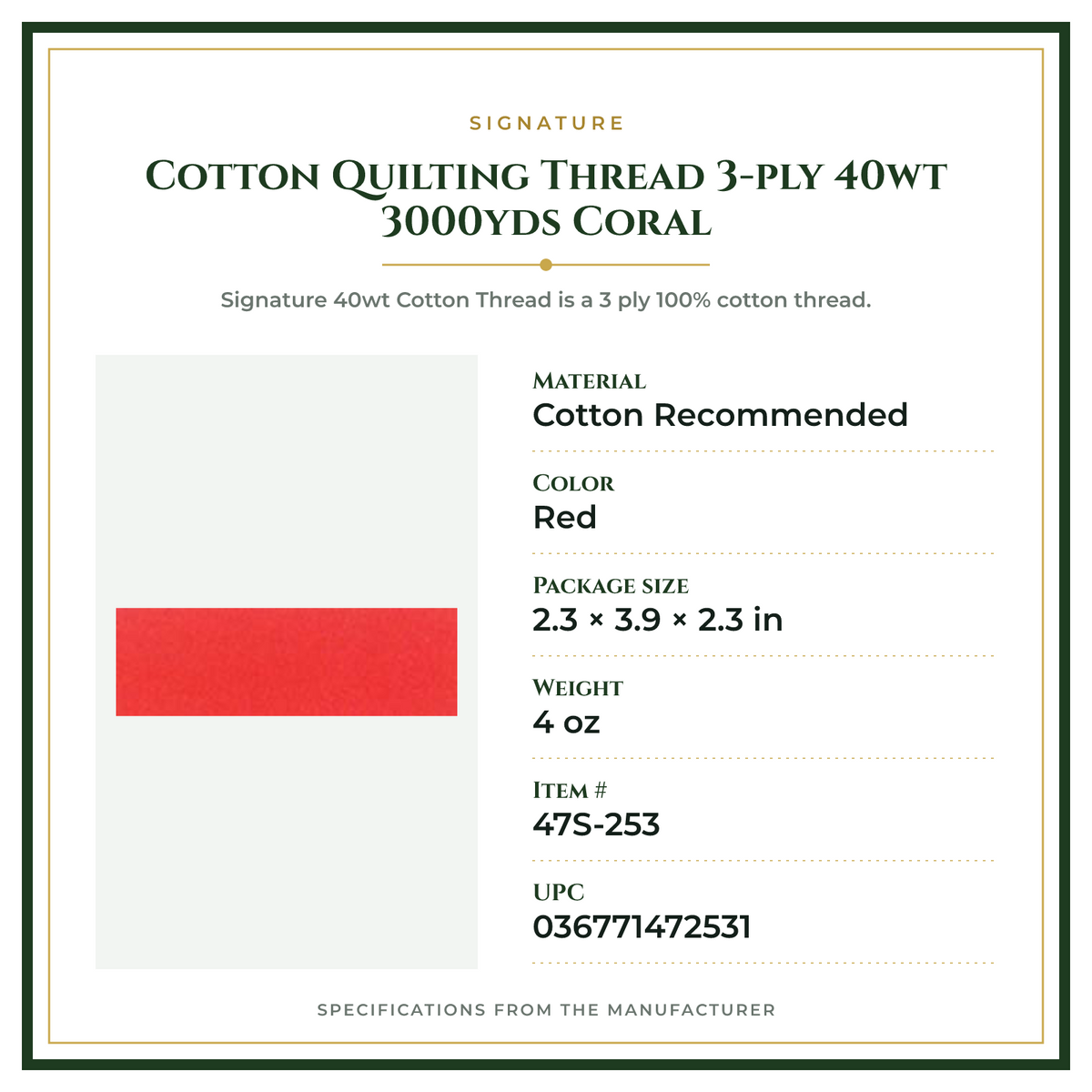 Product Specifications – Cotton Quilting Thread 3-ply 40wt 3000yds Coral