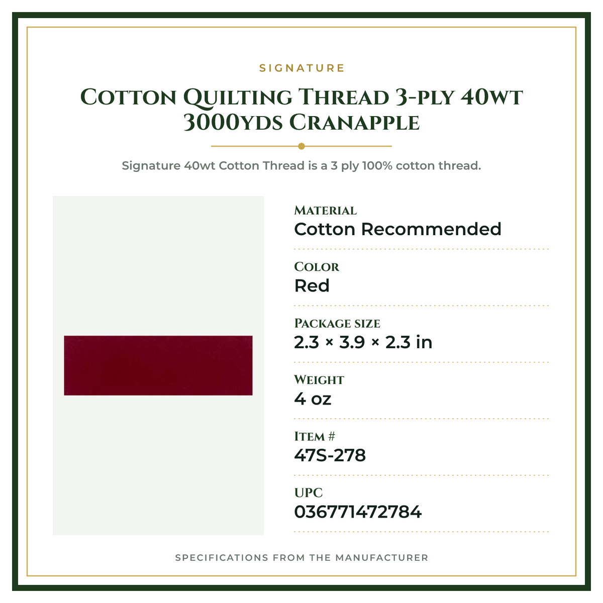 Product Specifications – Cotton Quilting Thread 3-ply 40wt 3000yds Cranapple