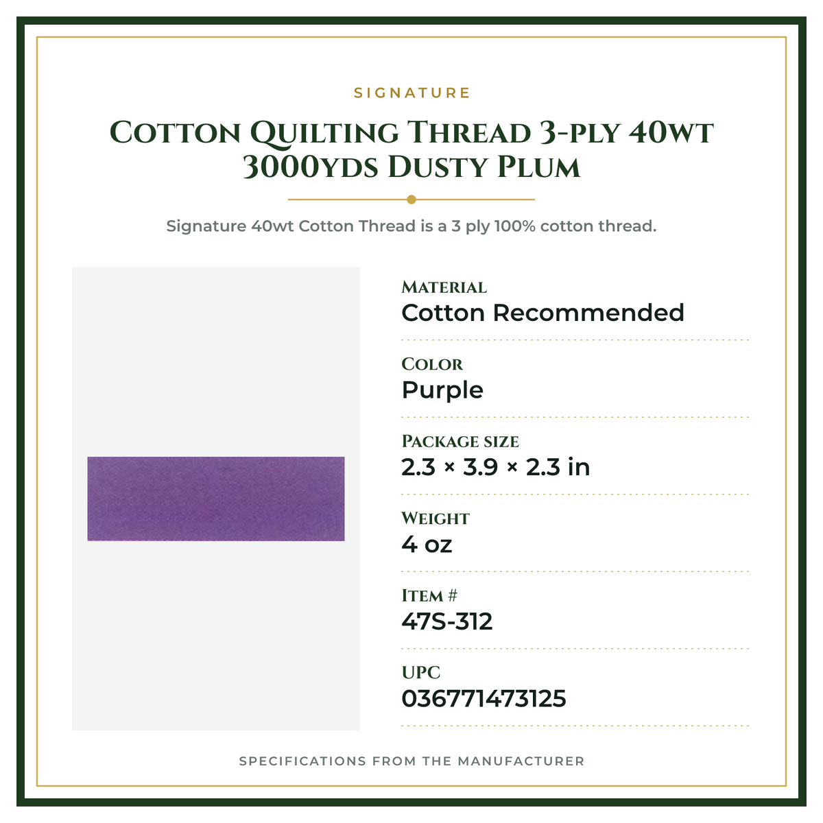 Product Specifications – Cotton Quilting Thread 3-ply 40wt 3000yds Dusty Plum