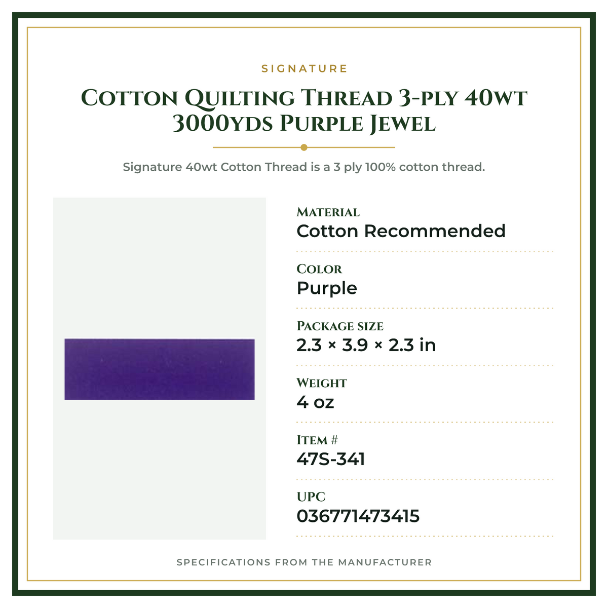 Product Specifications – Cotton Quilting Thread 3-ply 40wt 3000yds Purple Jewel