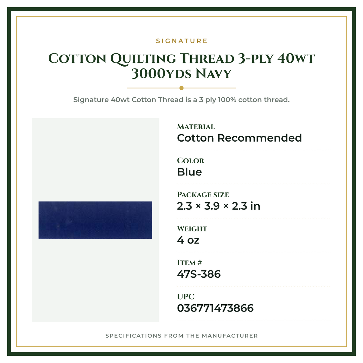 Product Specifications – Cotton Quilting Thread 3-ply 40wt 3000yds Navy