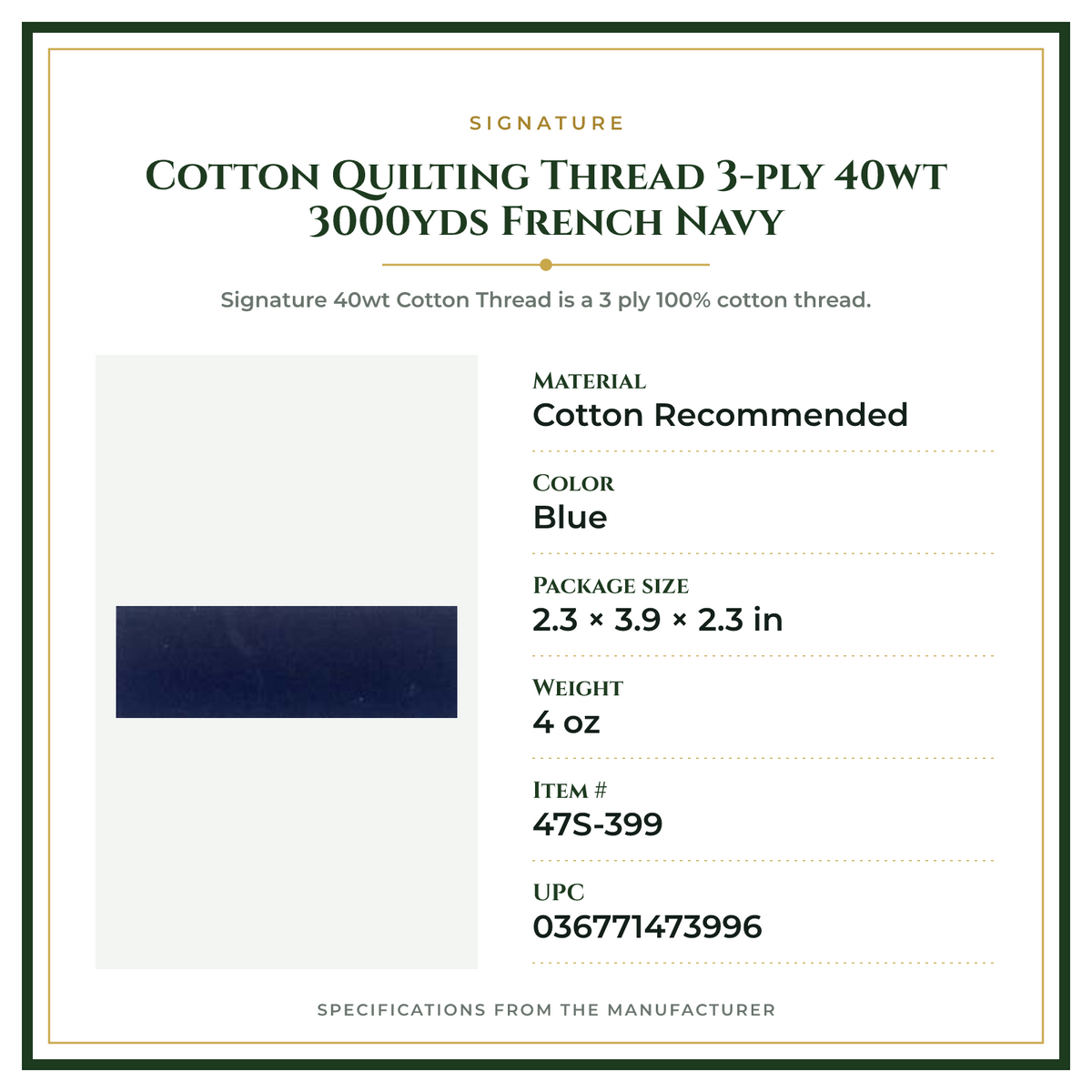 Product Specifications – Cotton Quilting Thread 3-ply 40wt 3000yds French Navy