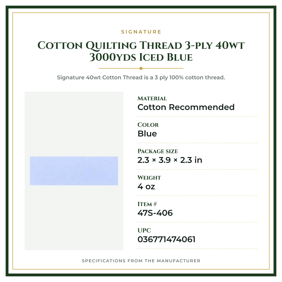 Product Specifications – Cotton Quilting Thread 3-ply 40wt 3000yds Iced Blue