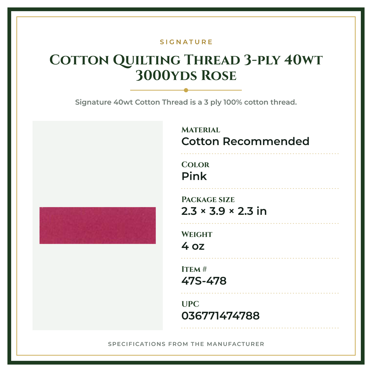 Product Specifications – Cotton Quilting Thread 3-ply 40wt 3000yds Rose