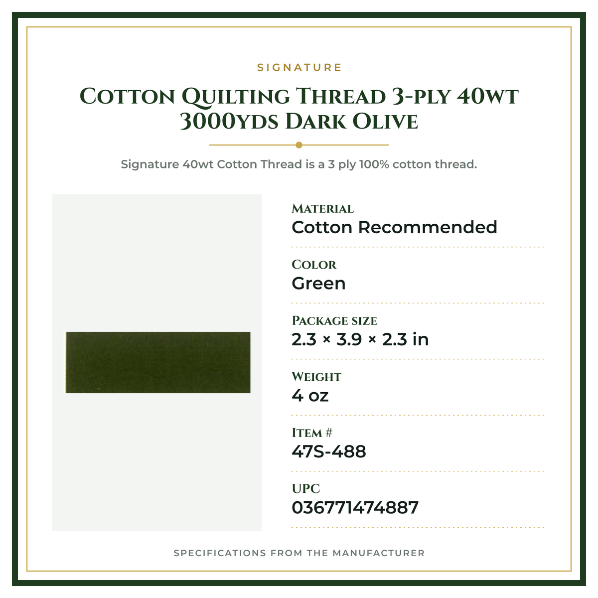 Product Specifications – Cotton Quilting Thread 3-ply 40wt 3000yds Dark Olive
