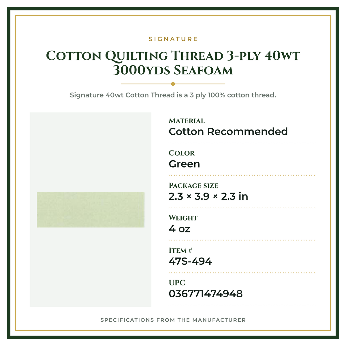 Product Specifications – Cotton Quilting Thread 3-ply 40wt 3000yds Seafoam