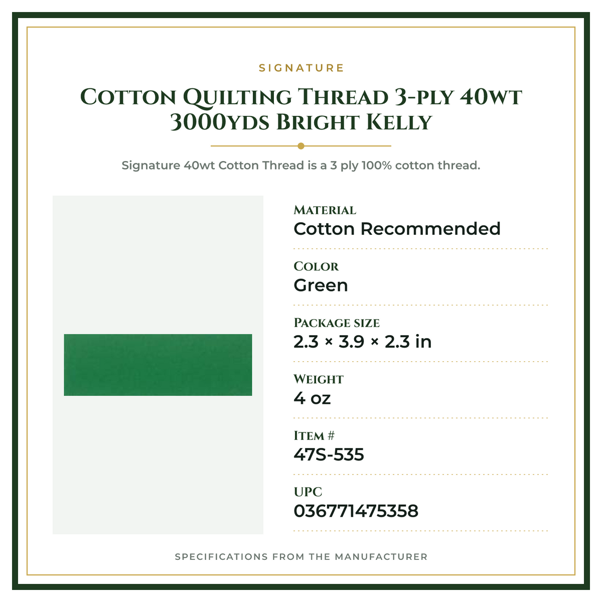 Product Specifications – Cotton Quilting Thread 3-ply 40wt 3000yds Bright Kelly