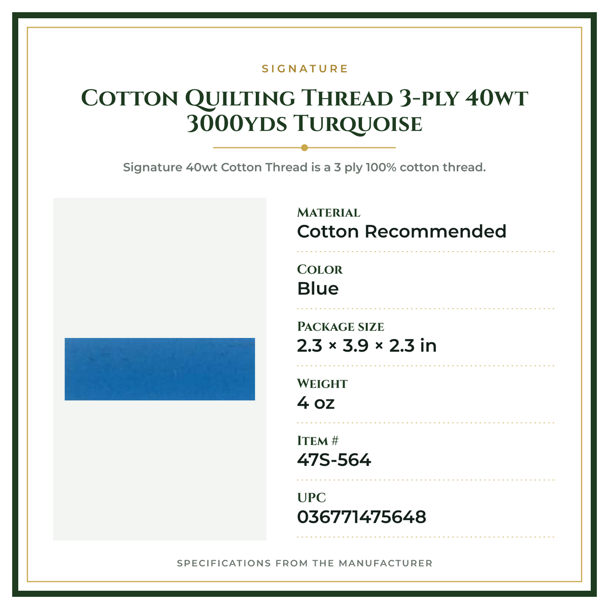 Product Specifications – Cotton Quilting Thread 3-ply 40wt 3000yds Turquoise