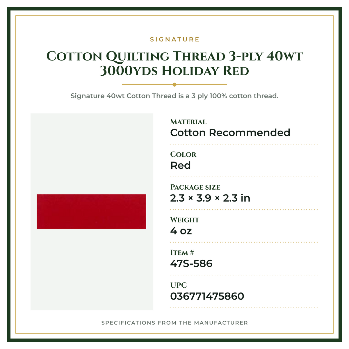 Product Specifications – Cotton Quilting Thread 3-ply 40wt 3000yds Holiday Red