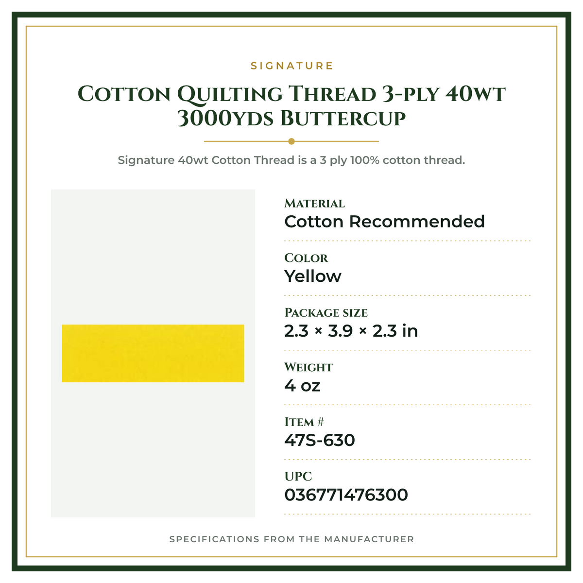 Product Specifications – Cotton Quilting Thread 3-ply 40wt 3000yds Buttercup