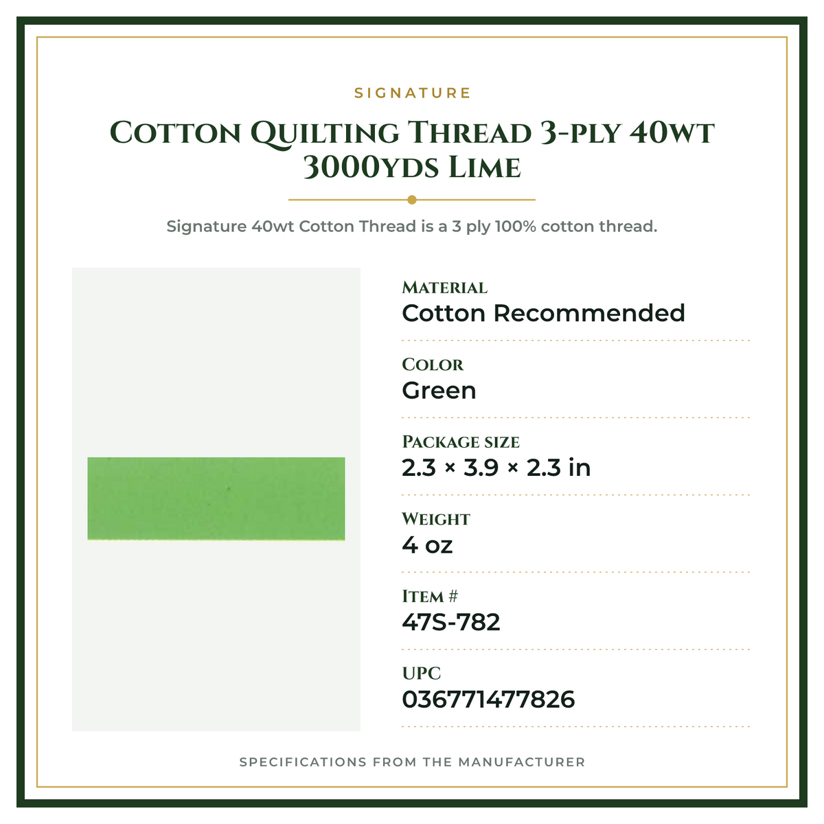 Product Specifications – Cotton Quilting Thread 3-ply 40wt 3000yds Lime