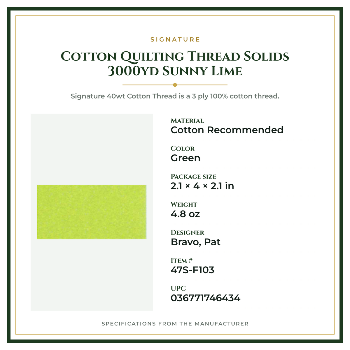 Product Specifications – Cotton Quilting Thread Solids 3000yd Sunny Lime