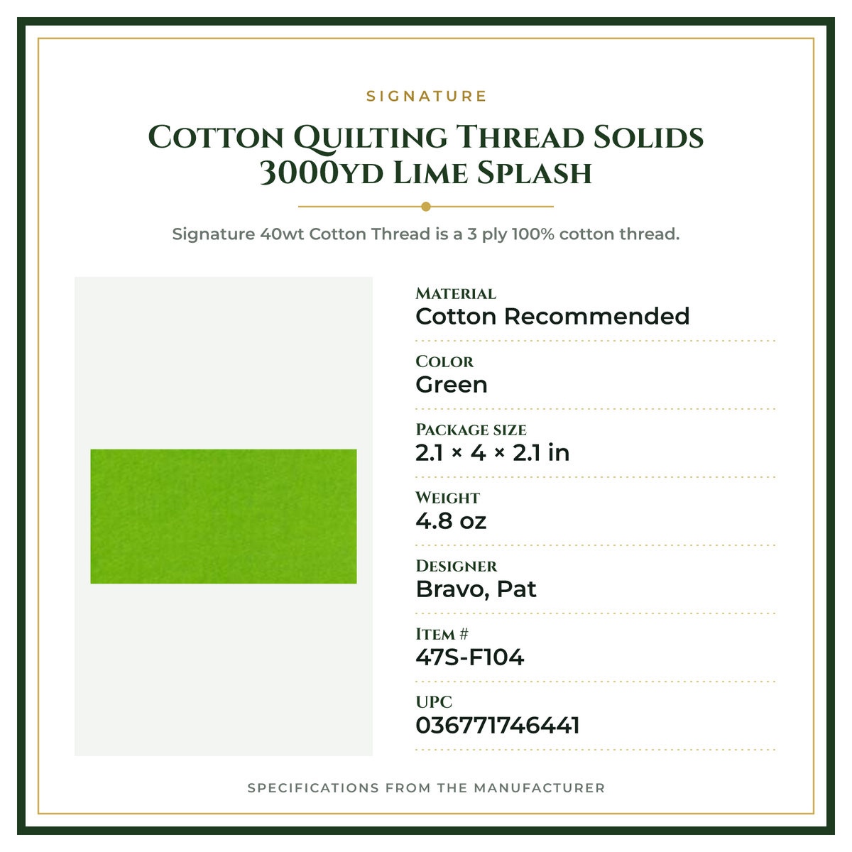 Product Specifications – Cotton Quilting Thread Solids 3000yd Lime Splash